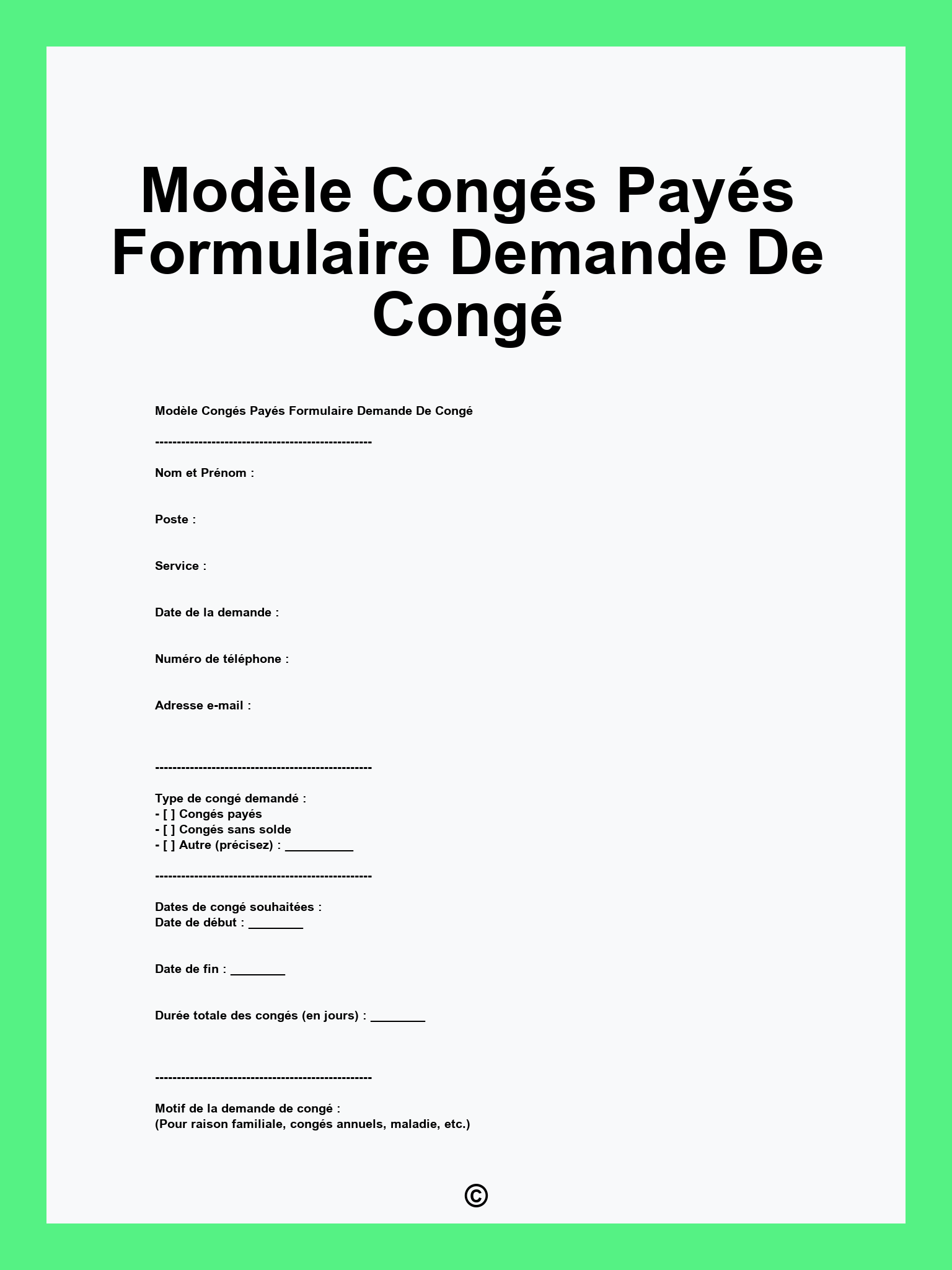 Modèle Congés Payés Formulaire Demande De Congé