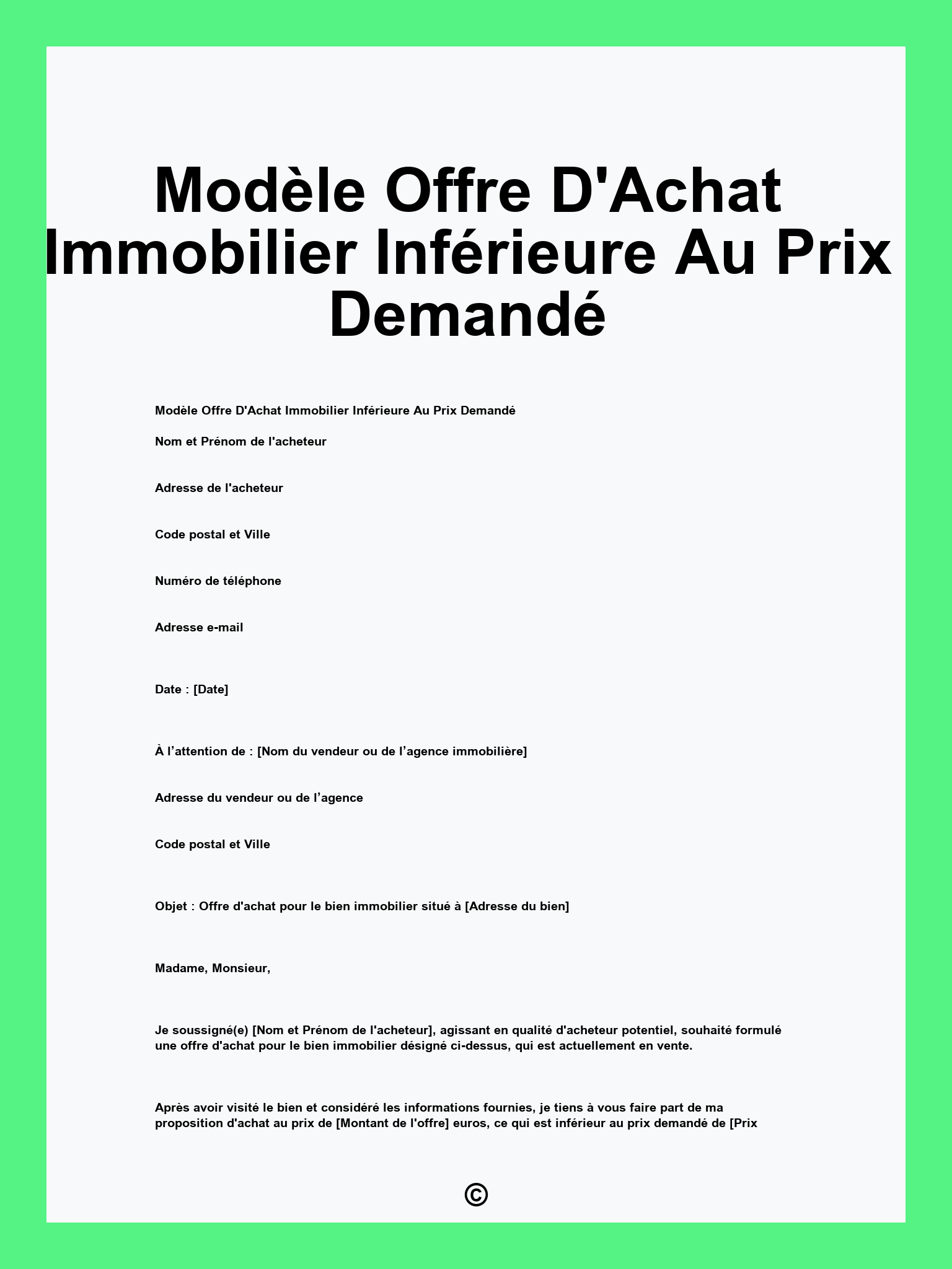 Modèle Offre D'Achat Immobilier Inférieure Au Prix Demandé